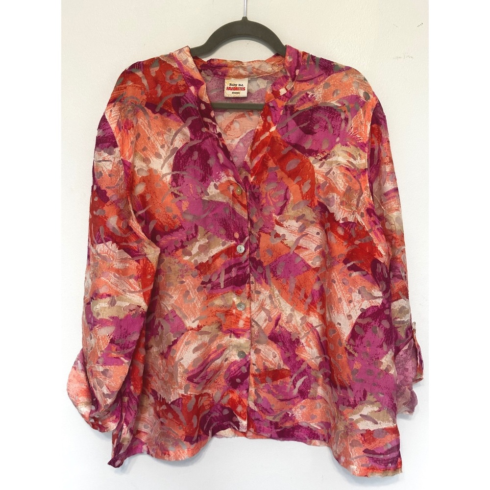 Ruby Rd Favorites Pink Orange Abstract Burnout Button Front Roll Tab Blouse XL
